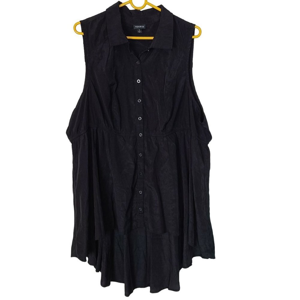 Torrid Womens 3X Black Sleeveless Button Front Hi-Low Satin Tunic Shirt Blouse